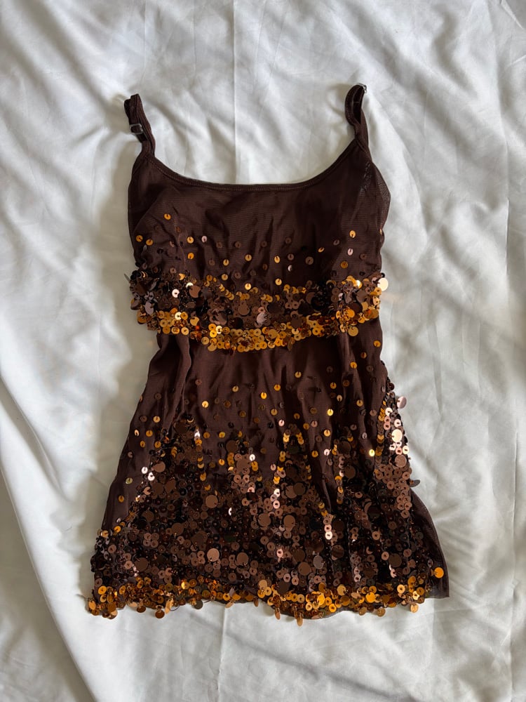 Vintage Y2K brown micromesh tiered cami with gold sequins