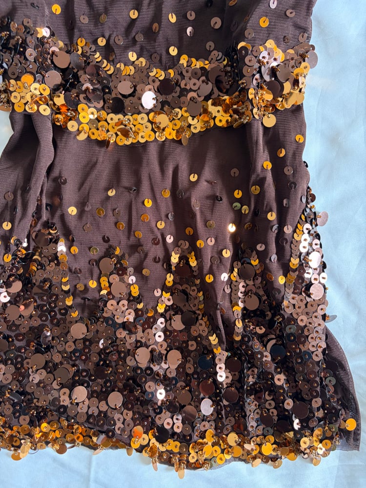 Vintage Y2K brown micromesh tiered cami with gold sequins
