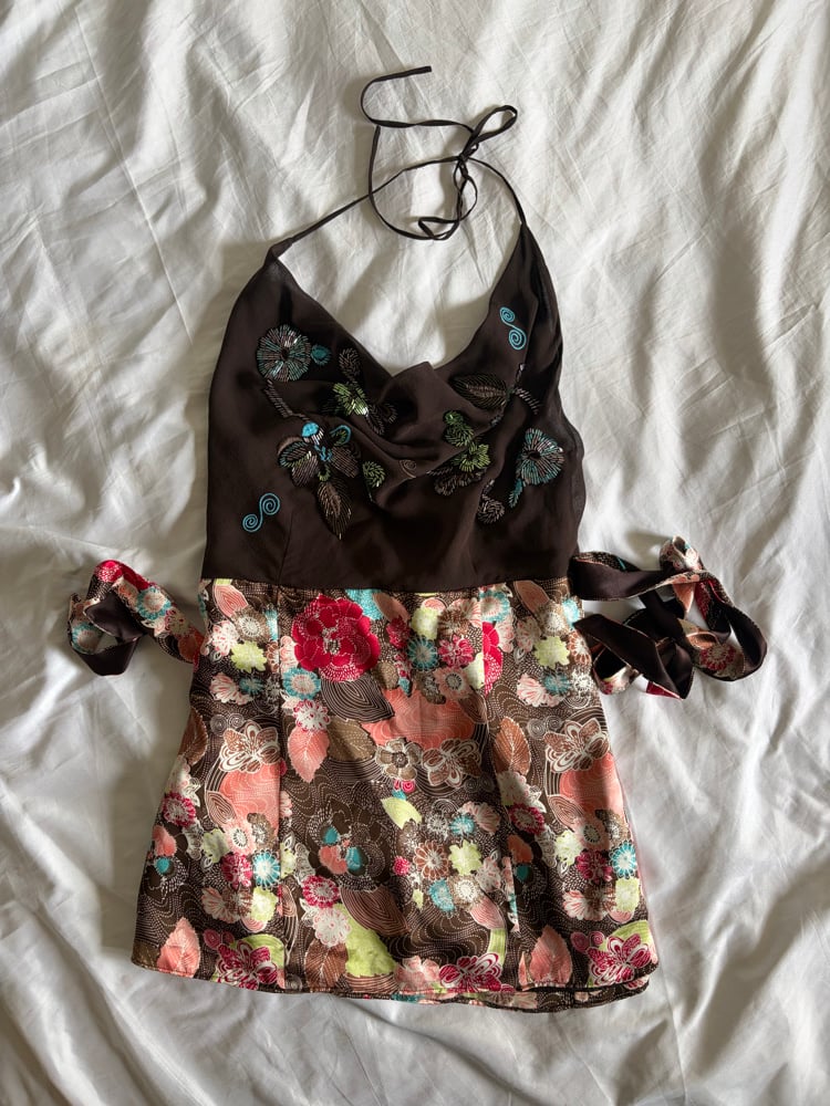 Vintage Y2K brown silk cowl neck sequin cami with floral print and ties