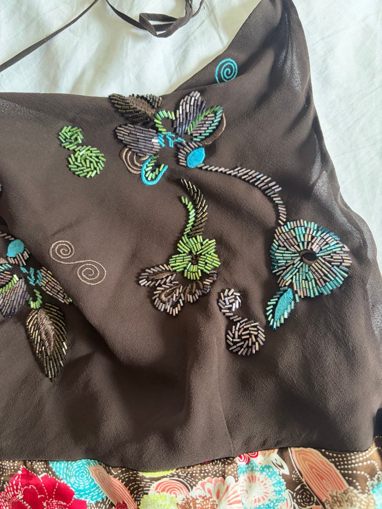 Vintage Y2K brown silk cowl neck sequin cami with floral print and ties