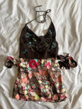Vintage Y2K brown silk cowl neck sequin cami with floral print and ties