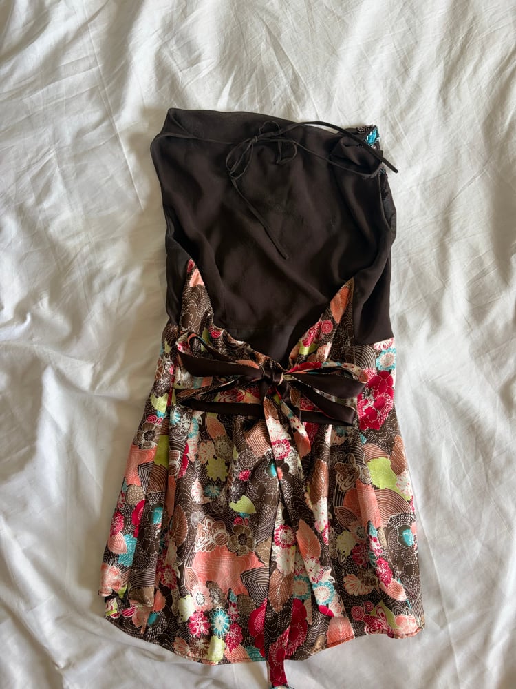 Vintage Y2K brown silk cowl neck sequin cami with floral print and ties