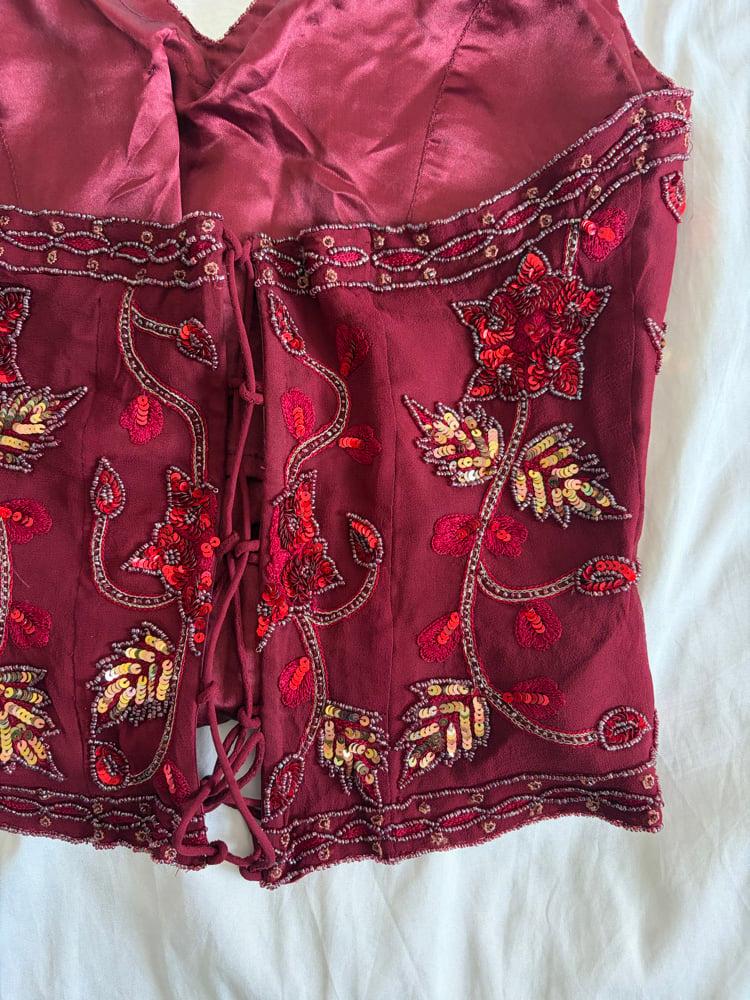 Vintage Y2K burgundy silk beaded floral gold and bronze sequin corset style halter