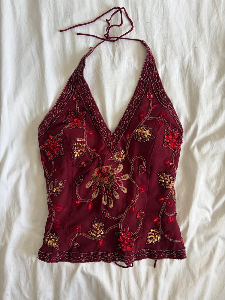 Vintage Y2K burgundy silk beaded floral gold and bronze sequin corset style halter