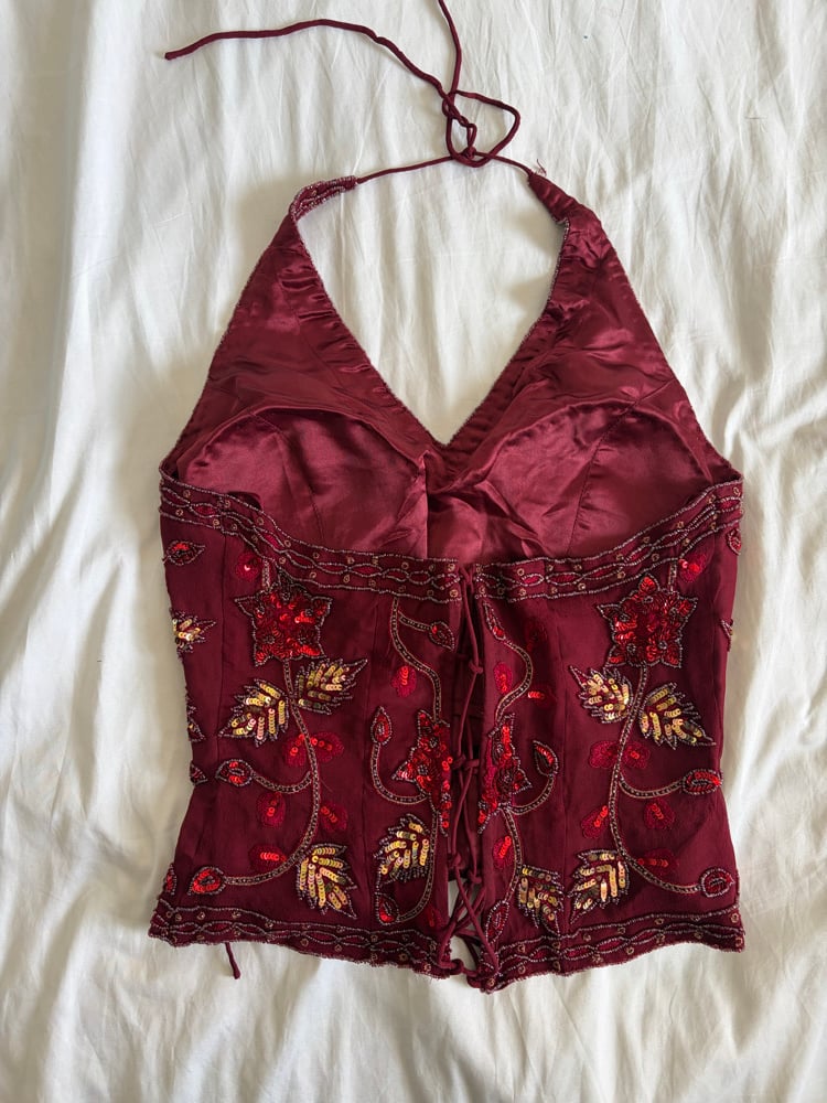 Vintage Y2K burgundy silk beaded floral gold and bronze sequin corset style halter