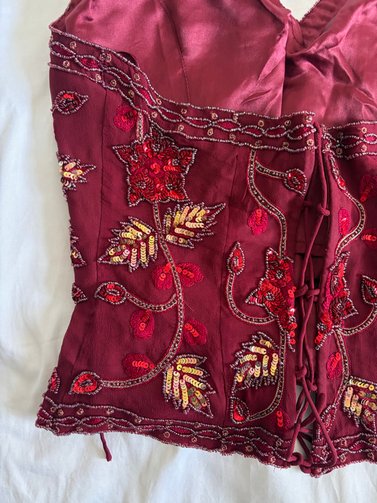 Vintage Y2K burgundy silk beaded floral gold and bronze sequin corset style halter