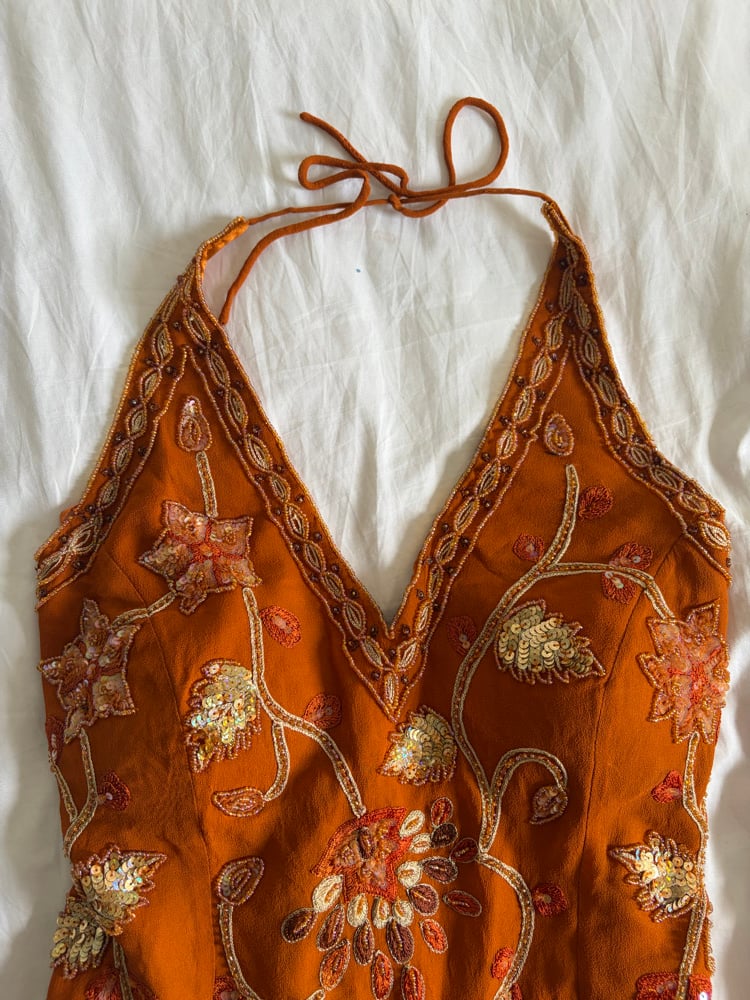 Vintage Y2K burnt orange silk beaded and floral silver sequin corset style halter