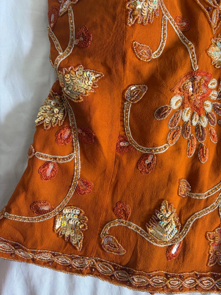 Vintage Y2K burnt orange silk beaded and floral silver sequin corset style halter