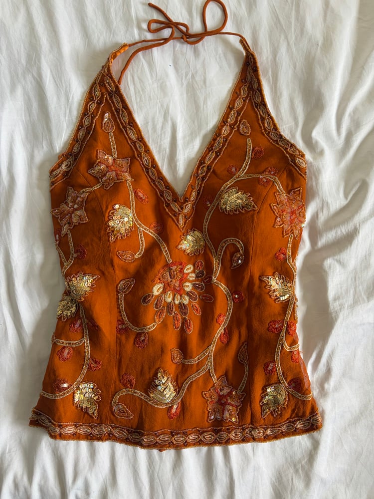 Vintage Y2K burnt orange silk beaded and floral silver sequin corset style halter