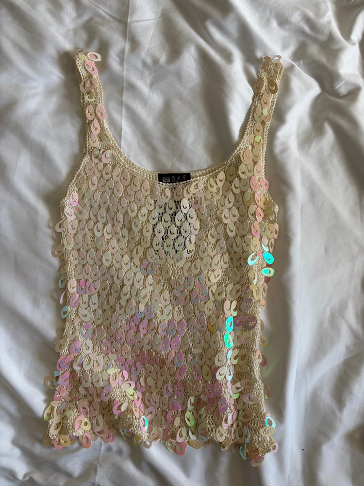 Vintage Y2K cream iridescent oval sequin crochet cami