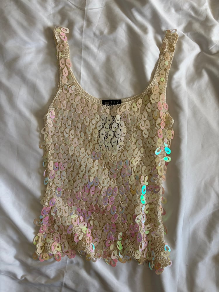 Vintage Y2K cream iridescent oval sequin crochet cami