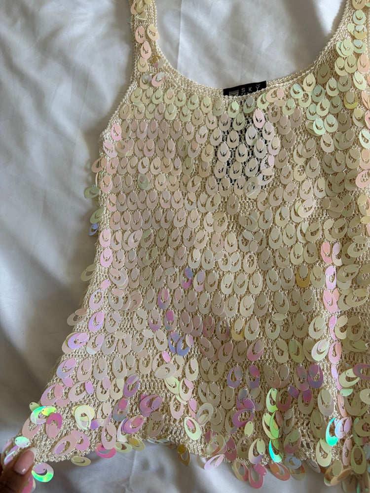 Vintage Y2K cream iridescent oval sequin crochet cami