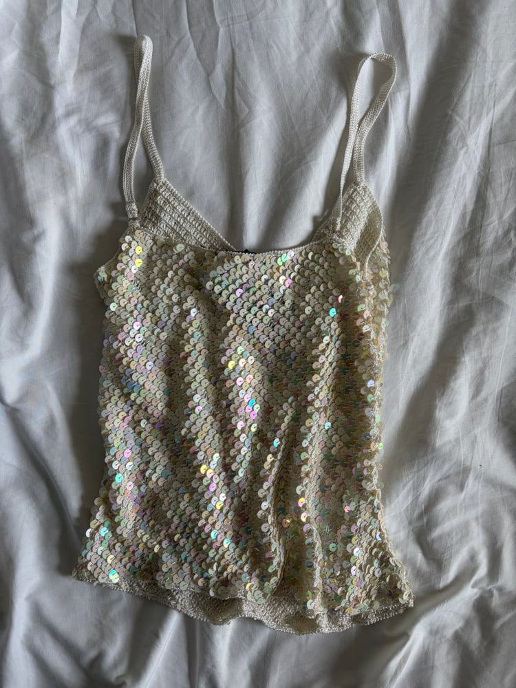 Vintage Y2K cream iridescent sequin crochet cami