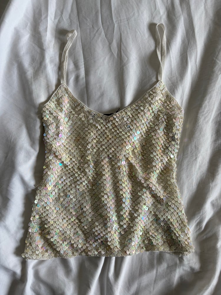Vintage Y2K cream iridescent sequin crochet cami