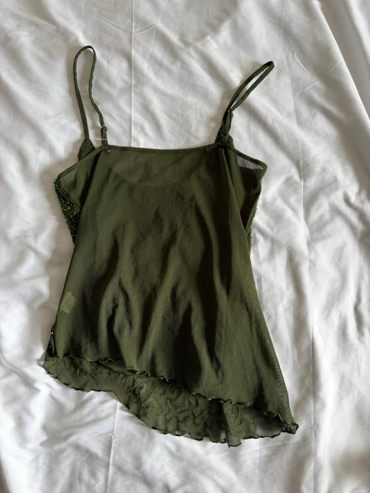 Vintage Y2K dark forest green asymetrical hem sequin and beaded mesh cami