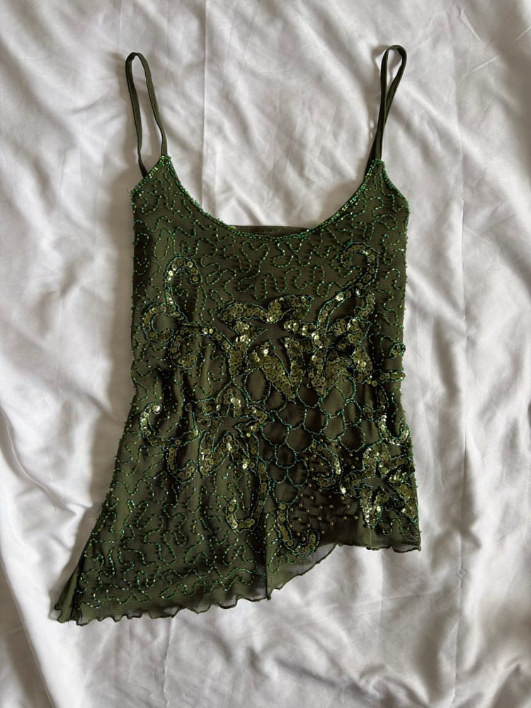 Vintage Y2K dark forest green asymetrical hem sequin and beaded mesh cami