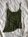 Vintage Y2K dark forest green asymetrical hem sequin and beaded mesh cami