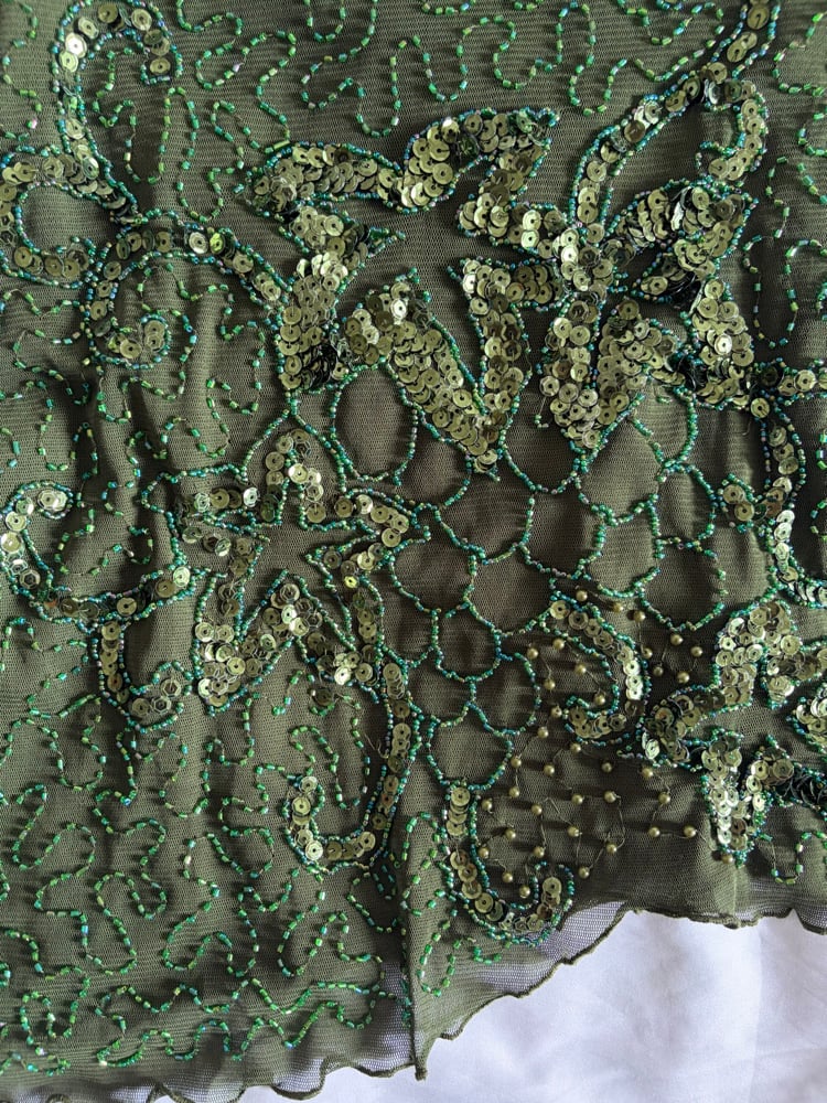 Vintage Y2K dark forest green asymetrical hem sequin and beaded mesh cami