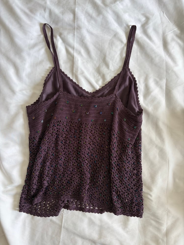 Vintage Y2K deep plum aubergine beaded crochet cami