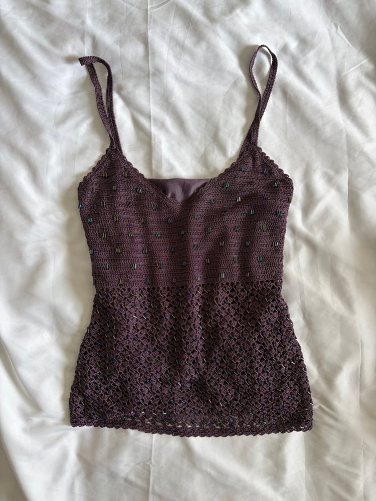 Vintage Y2K deep plum aubergine beaded crochet cami