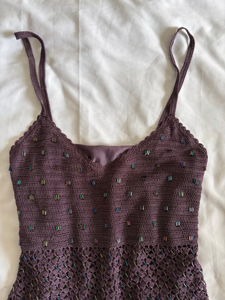Vintage Y2K deep plum aubergine beaded crochet cami