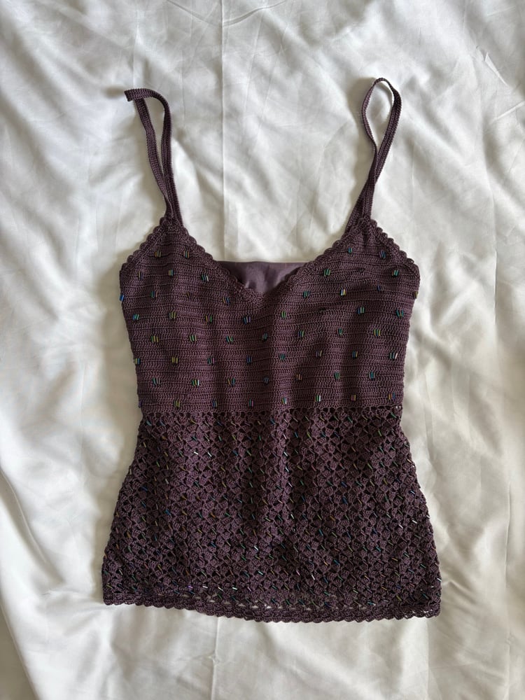 Vintage Y2K deep plum aubergine beaded crochet cami