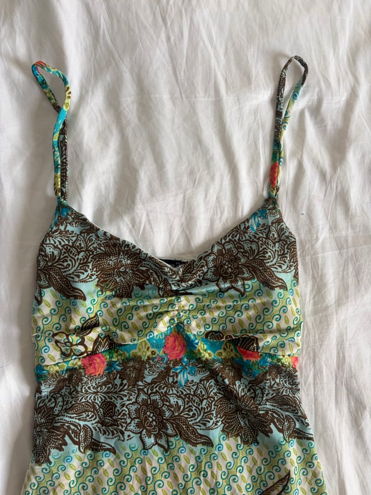 Vintage Y2K floral asymmetrical split hem ruched bust cami