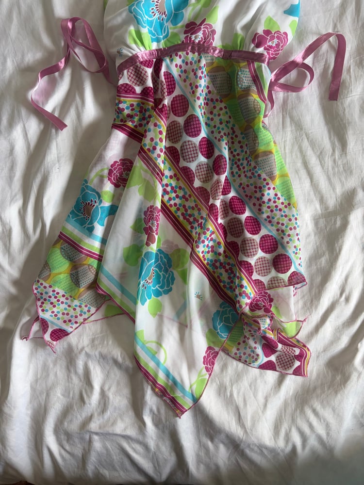 Vintage Y2K floral polka dot and pinstripe asymetrical hem cami