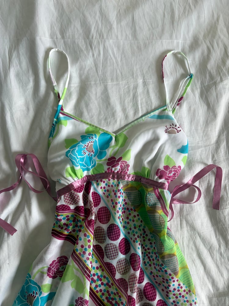 Vintage Y2K floral polka dot and pinstripe asymetrical hem cami