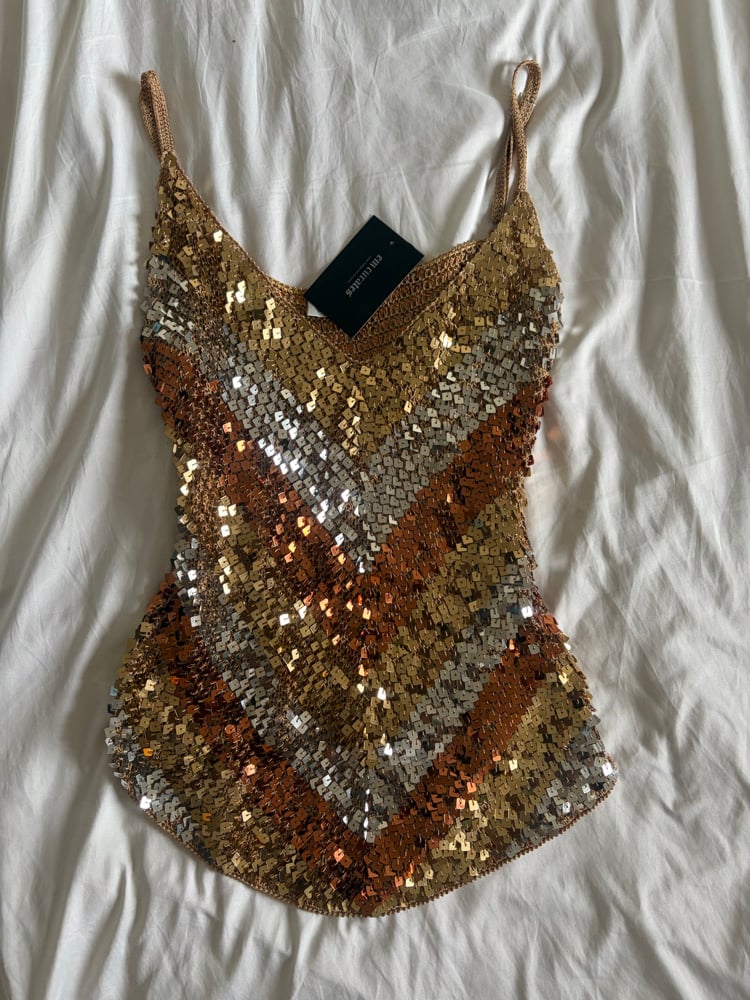 Vintage Y2K gold bronze and silver sequin asymmetrical hem crochet cami
