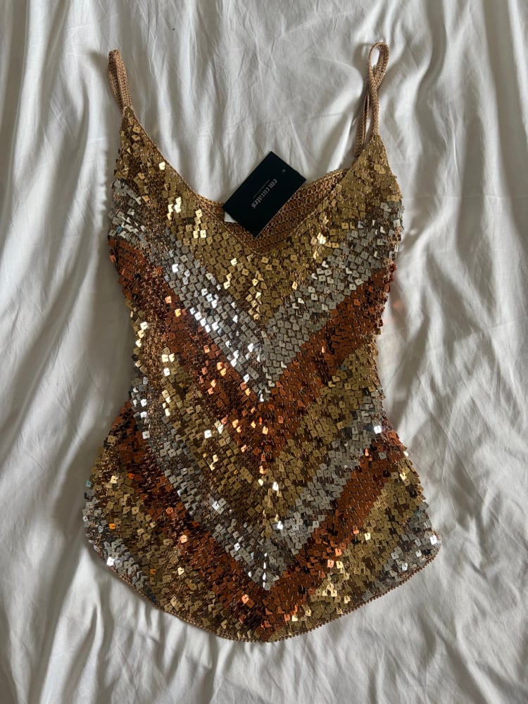 Vintage Y2K gold bronze and silver sequin asymmetrical hem crochet cami