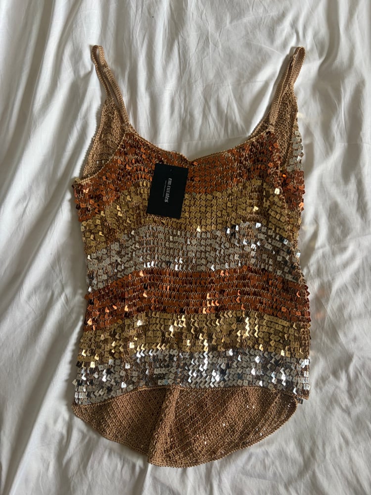 Vintage Y2K gold bronze and silver sequin asymmetrical hem crochet cami