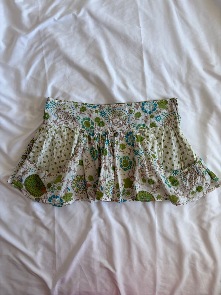 Vintage Y2K green and blue floral, sequin rara mini skirt with pocket detail 