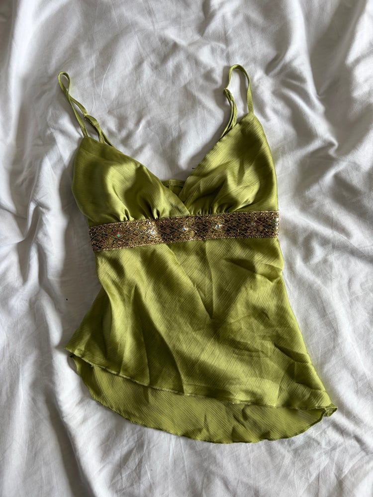 Vintage Y2K green asymmetrical hem cami with sequin underbust detail