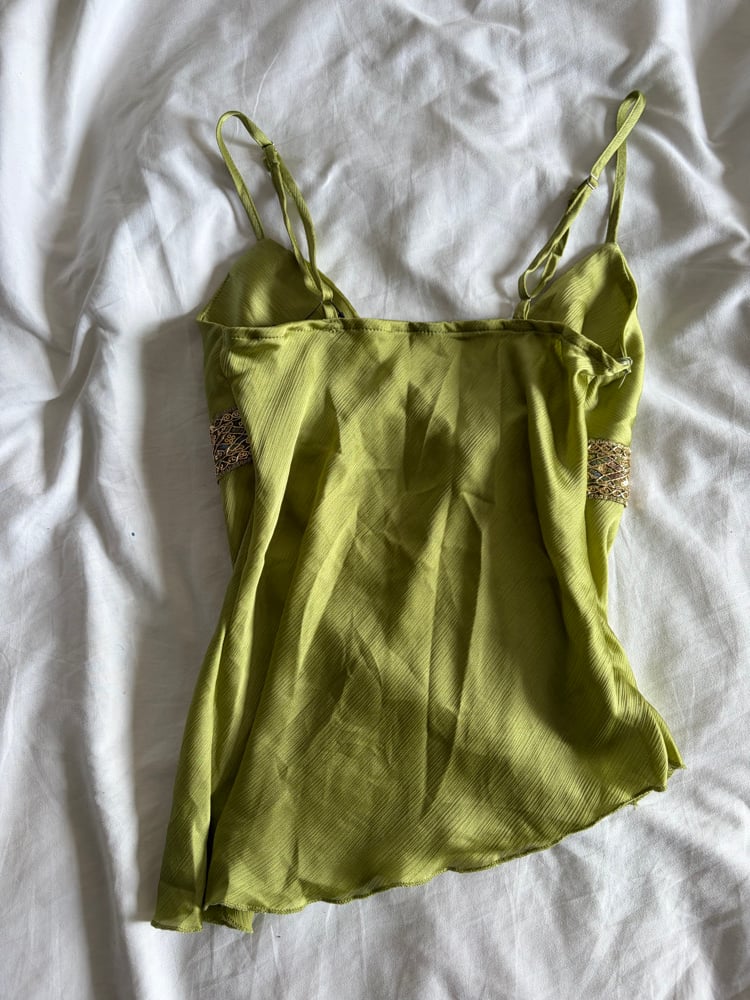 Vintage Y2K green asymmetrical hem cami with sequin underbust detail