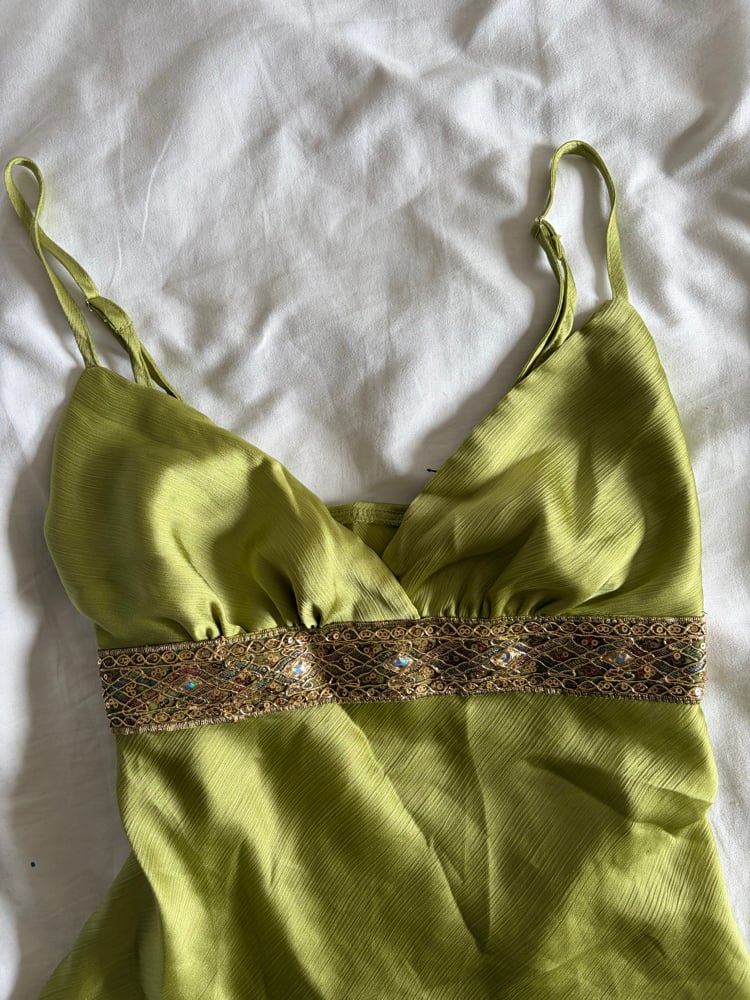 Vintage Y2K green asymmetrical hem cami with sequin underbust detail