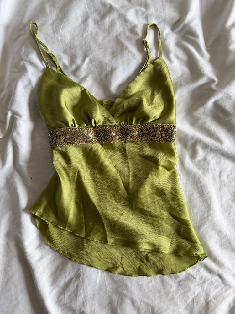 Vintage Y2K green asymmetrical hem cami with sequin underbust detail