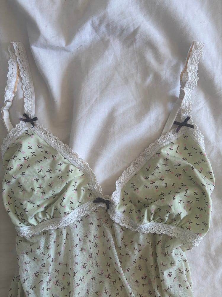Vintage Y2K green micromesh coquette cami with bow detailing