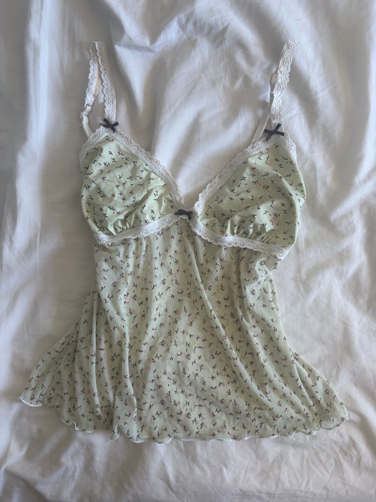 Vintage Y2K green micromesh coquette cami with bow detailing