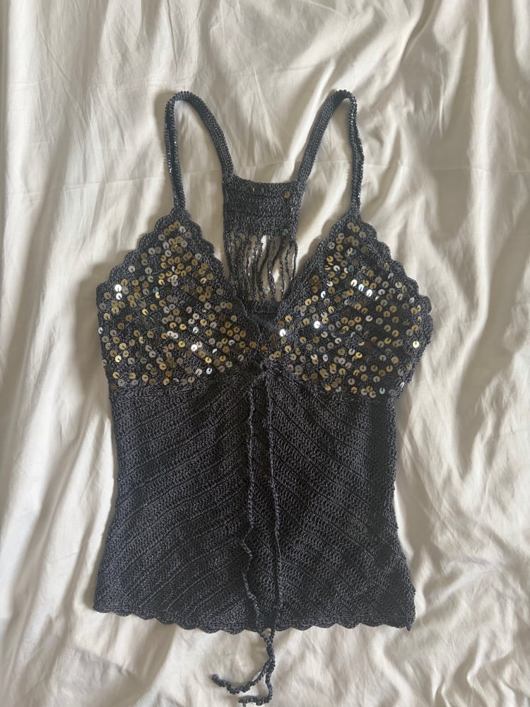 Vintage Y2K grey crochet beaded and sequin racer back cami