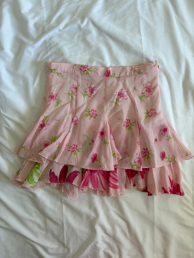 Vintage Y2K  italian vintage pink and green floral rara double hem mini skirt 