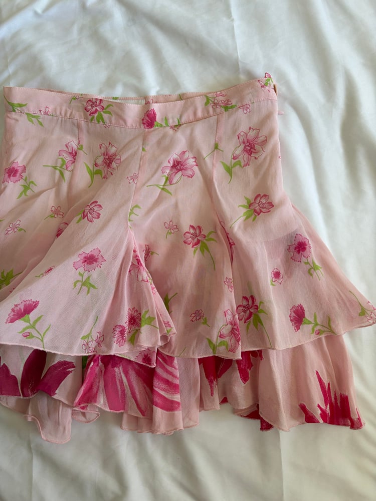 Vintage Y2K  italian vintage pink and green floral rara double hem mini skirt 