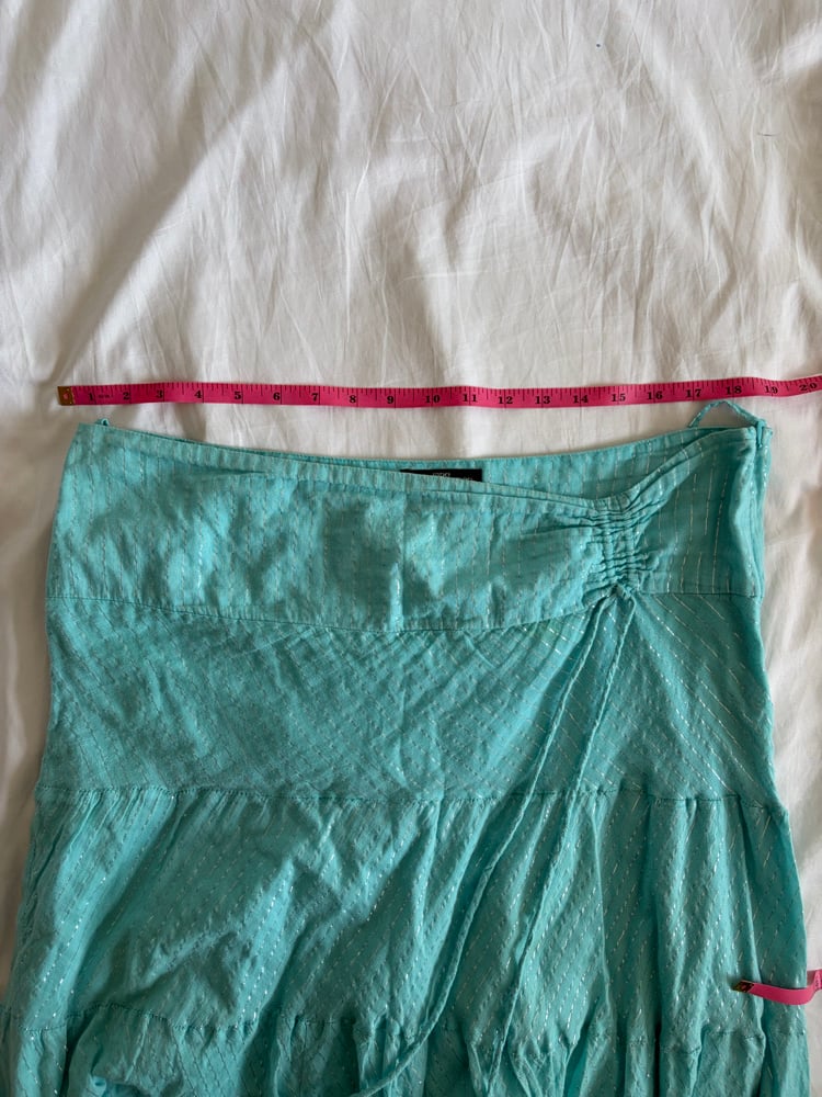 Vintage Y2K Jane Norman turquoise sparkly tiered maxi skirt with ruched side