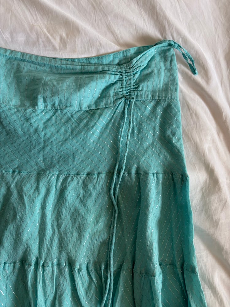 Vintage Y2K Jane Norman turquoise sparkly tiered maxi skirt with ruched side