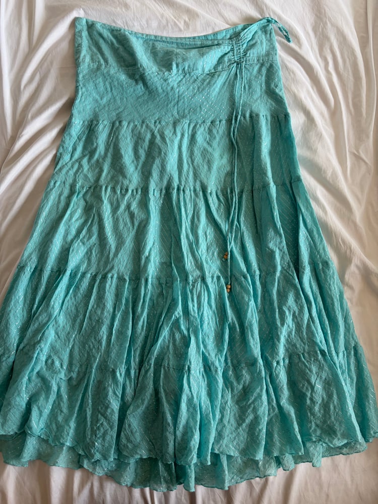 Vintage Y2K Jane Norman turquoise sparkly tiered maxi skirt with ruched side