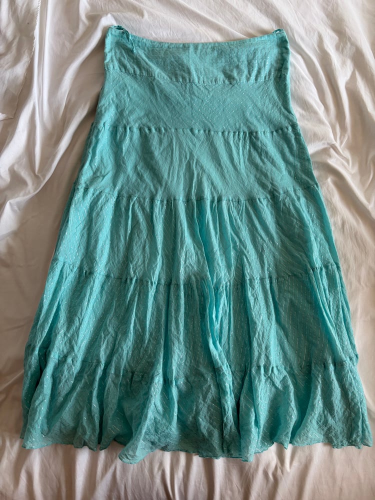 Vintage Y2K Jane Norman turquoise sparkly tiered maxi skirt with ruched side