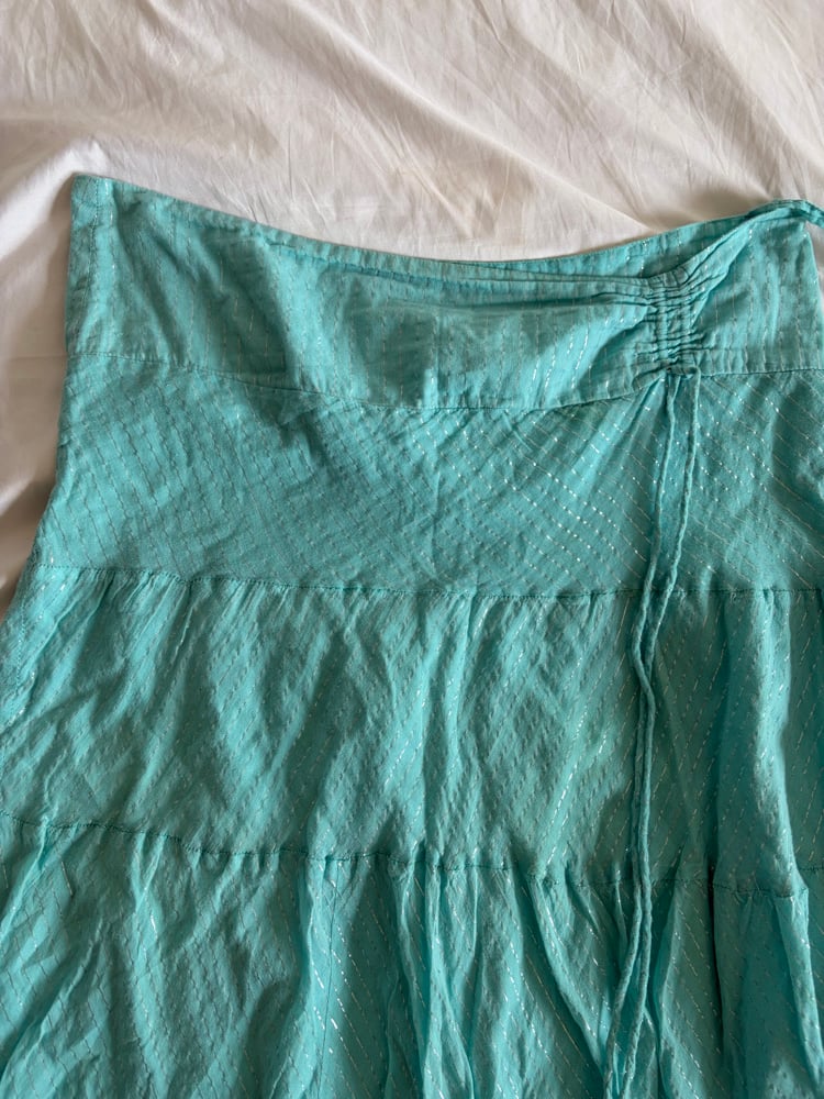 Vintage Y2K Jane Norman turquoise sparkly tiered maxi skirt with ruched side