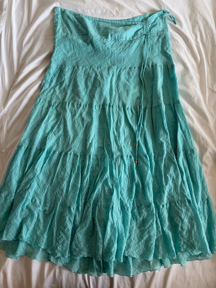 Vintage Y2K Jane Norman turquoise sparkly tiered maxi skirt with ruched side