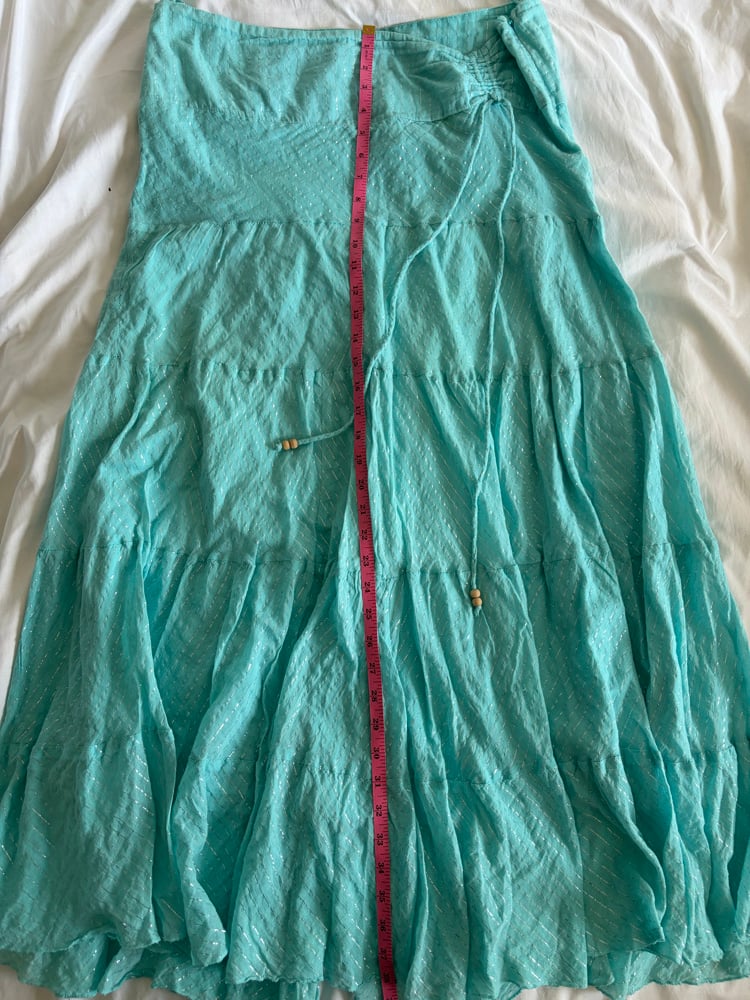 Vintage Y2K Jane Norman turquoise sparkly tiered maxi skirt with ruched side