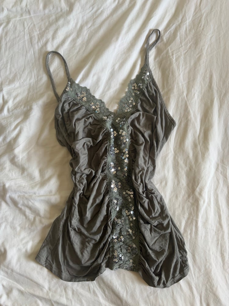 Vintage Y2K khaki cami with ruching and sequins